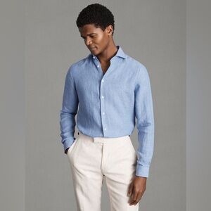 Reiss Ruban long sleeve linen shirt in sky blue - L